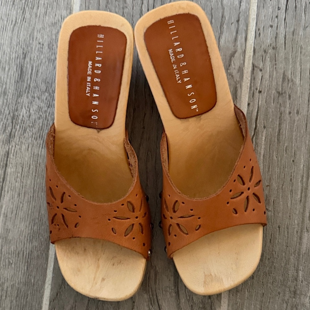 Hillard & Hanson Brown Leather Slide Mules with Laser Cut Detail